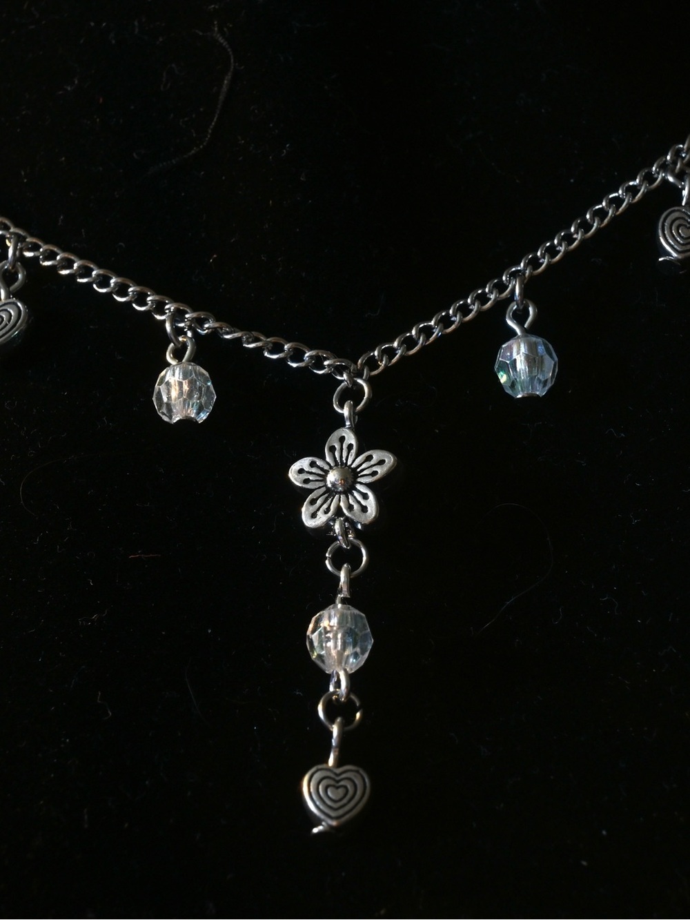 Silver Flower & Crystal Drop Necklace - Clear Beads